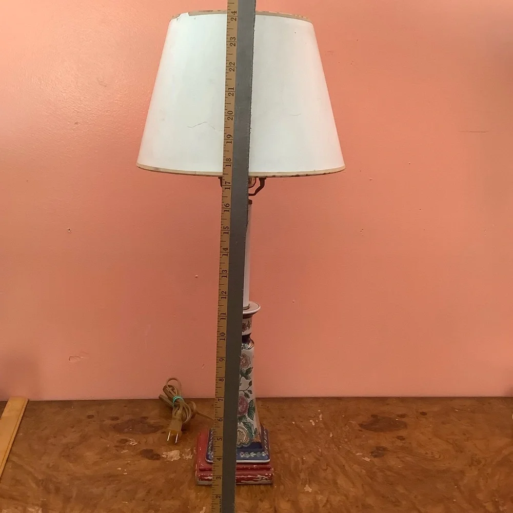 24” Table Lamp Floral Ceramic Wood Base Plain Paper Shade For Restoration